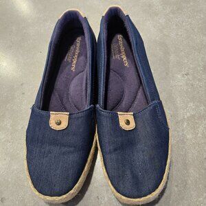 GRASSHOPPERS Women's Navy/Tan Slip On Denim Flat Espadrilles - Size 7.5M